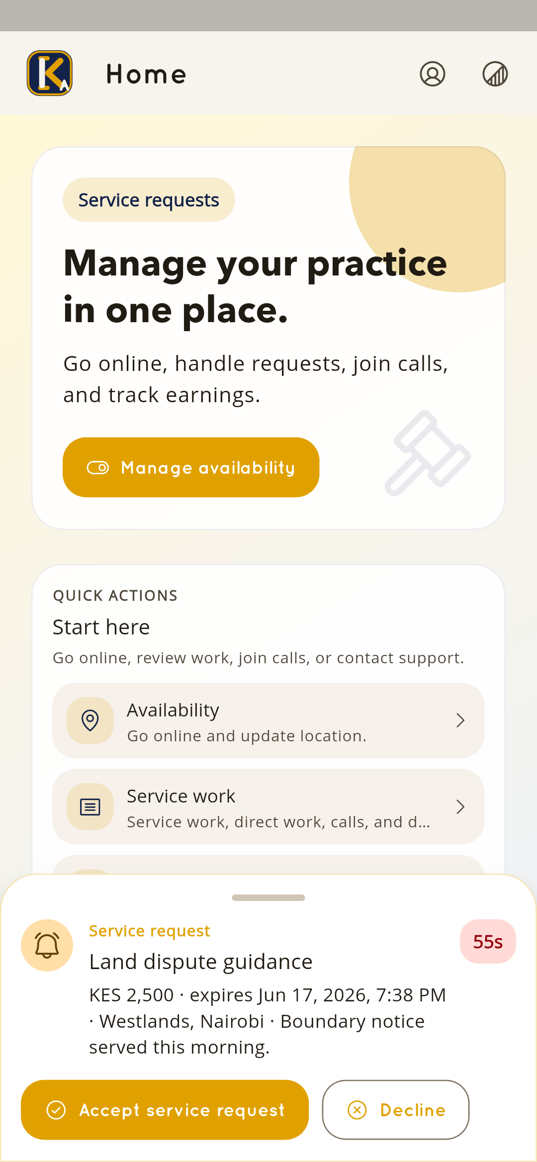 KnownAfrique lawyer home screen